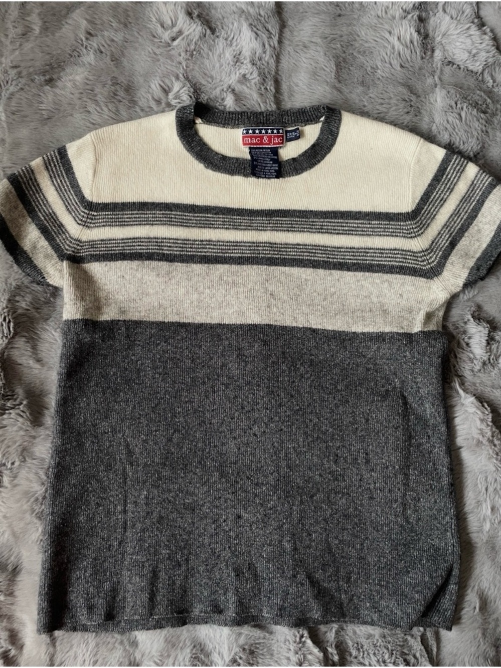 Mac & Jac Gray and Cream Striped Crewneck Sweater - natural fiber blends